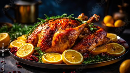 Traditionally cooked appetizing turkey with cranberries, herbs and oranges lies on a dish, on a beautifully served table, in a festive atmosphere.Generative AI