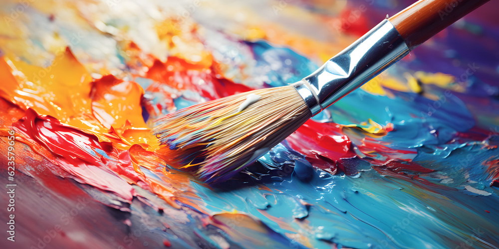 Close-up of a paintbrush creating colorful strokes on a canvas