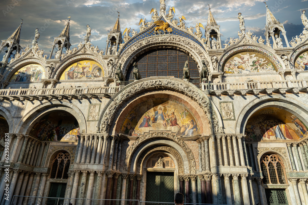 Patriarchal Cathedral Basilica St. (Saint) Mark’s Basilica on Piazza San Marco square in Venice, Italy. Famous Catholic Church as a landmark of renaissance architecture.