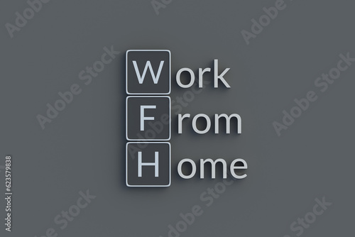 WFH Work from home metallic inscription. Acronym or abbreviation. Top view. 3d render.