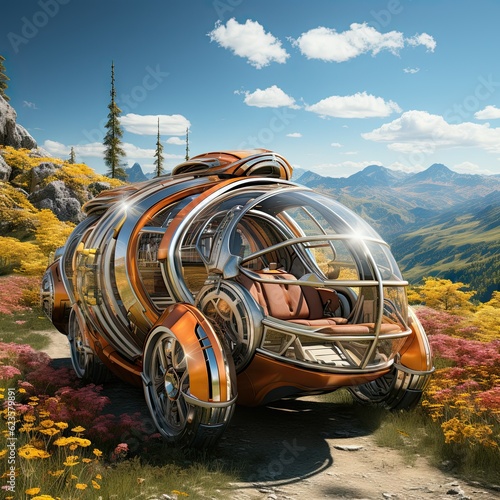 Futuristic vehicle travelling across a vast expanse of grassland and flowers. 