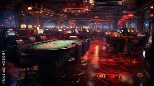 Foto Casino hall for gambling, roulette and slot machines, background banner