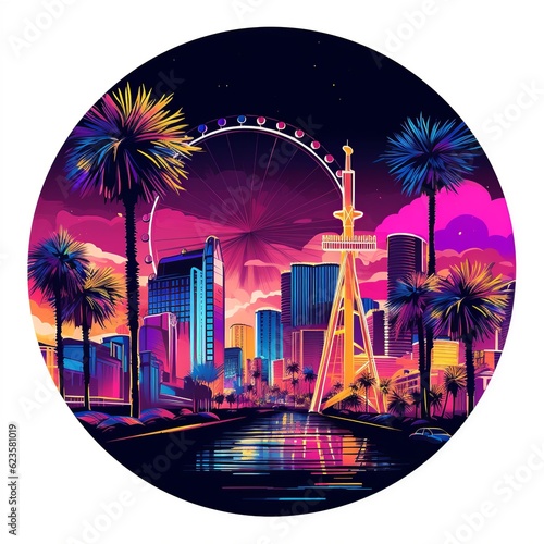 A striking, minimalist illustration of Las Vegas featuring neon colors, abstract shapes, and encapsulating the city's entertainment spirit within a circular icon.
