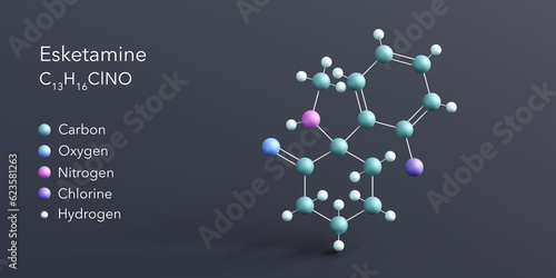 esketamine molecule 3d rendering, flat molecular structure with chemical formula and atoms color coding photo