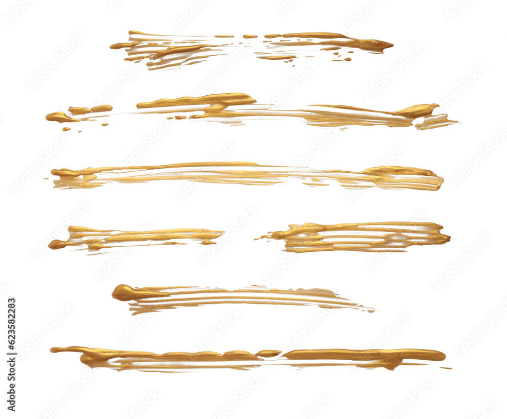 Gold glitter ink color smear brush stroke stain line blot on white ...