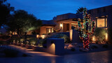 Southwestern adobe house in the desert at night with Christmas decorations