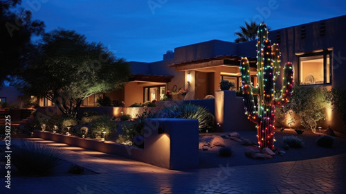 Southwestern adobe house in the desert at night with Christmas decorations