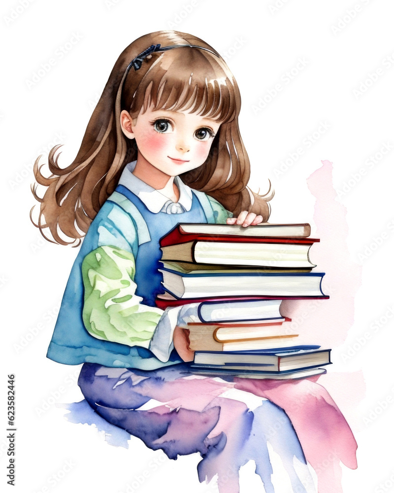 Cute girl with books. .Back to school. watercolour. Cute girl with books. .Back to school. watercolour.