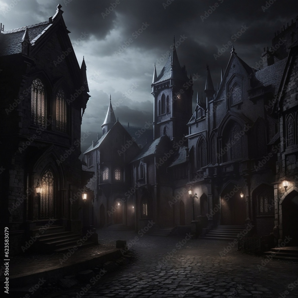 Obraz premium Generative Ai, Background Only, Dark Fantasy, Gothic Town, 
