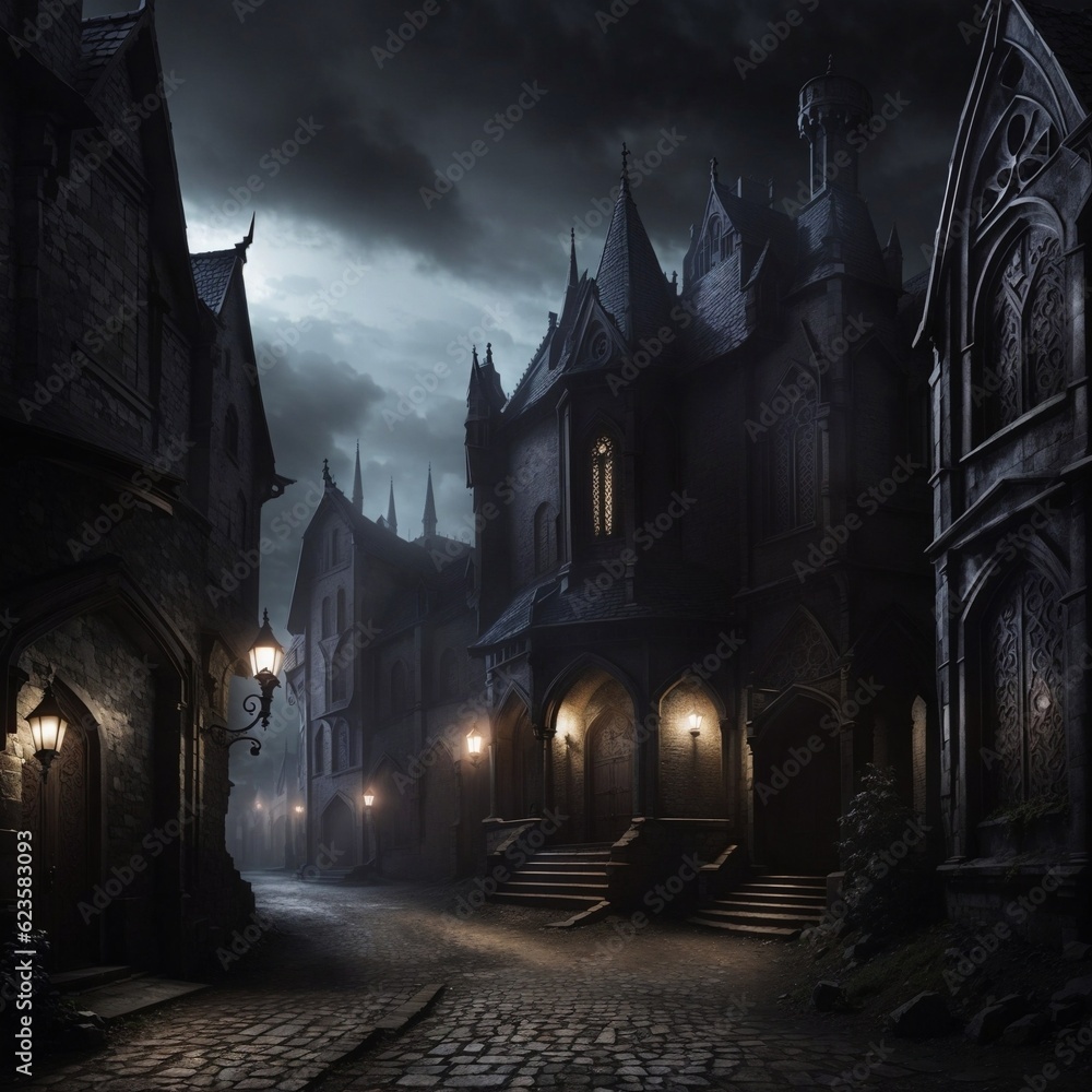 Generative Ai, Background Only, Dark Fantasy, Gothic Town, 