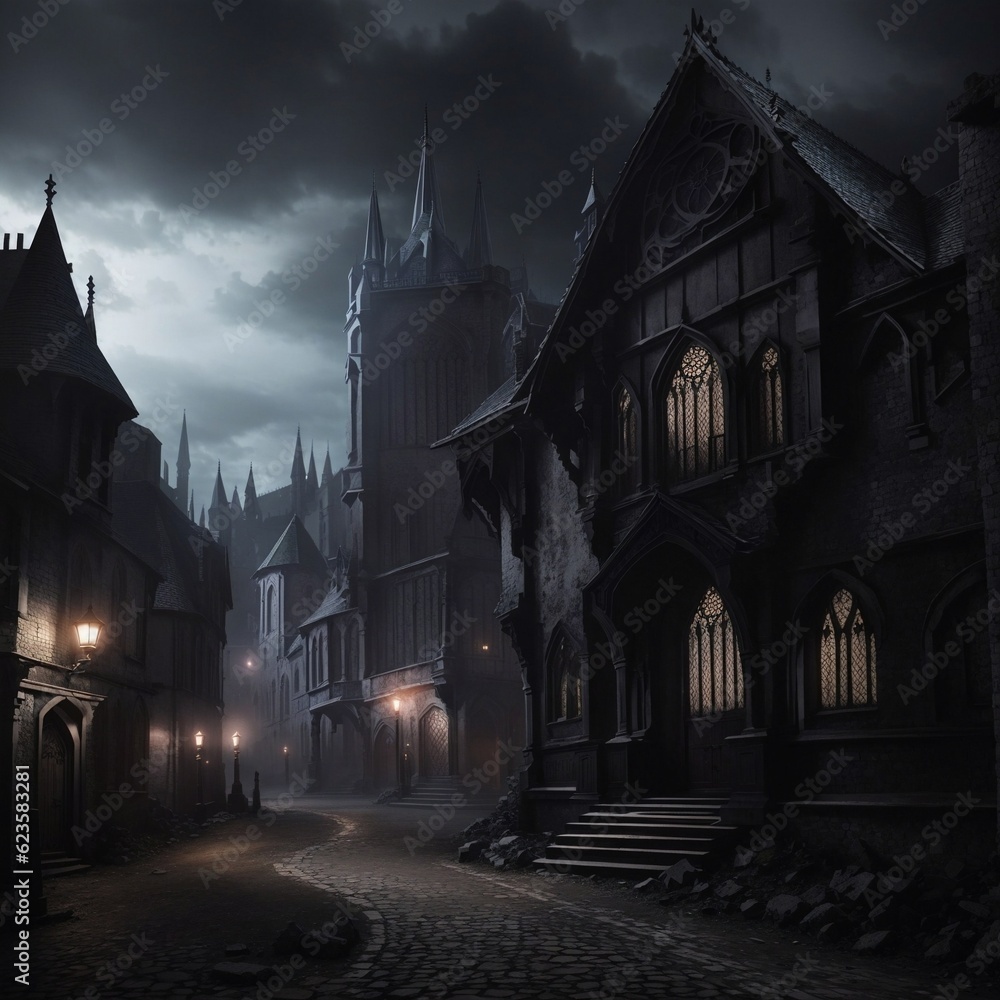 Generative Ai, Background Only, Dark Fantasy, Gothic Town, 