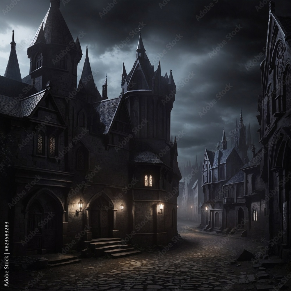 Generative Ai, Background Only, Dark Fantasy, Gothic Town, 