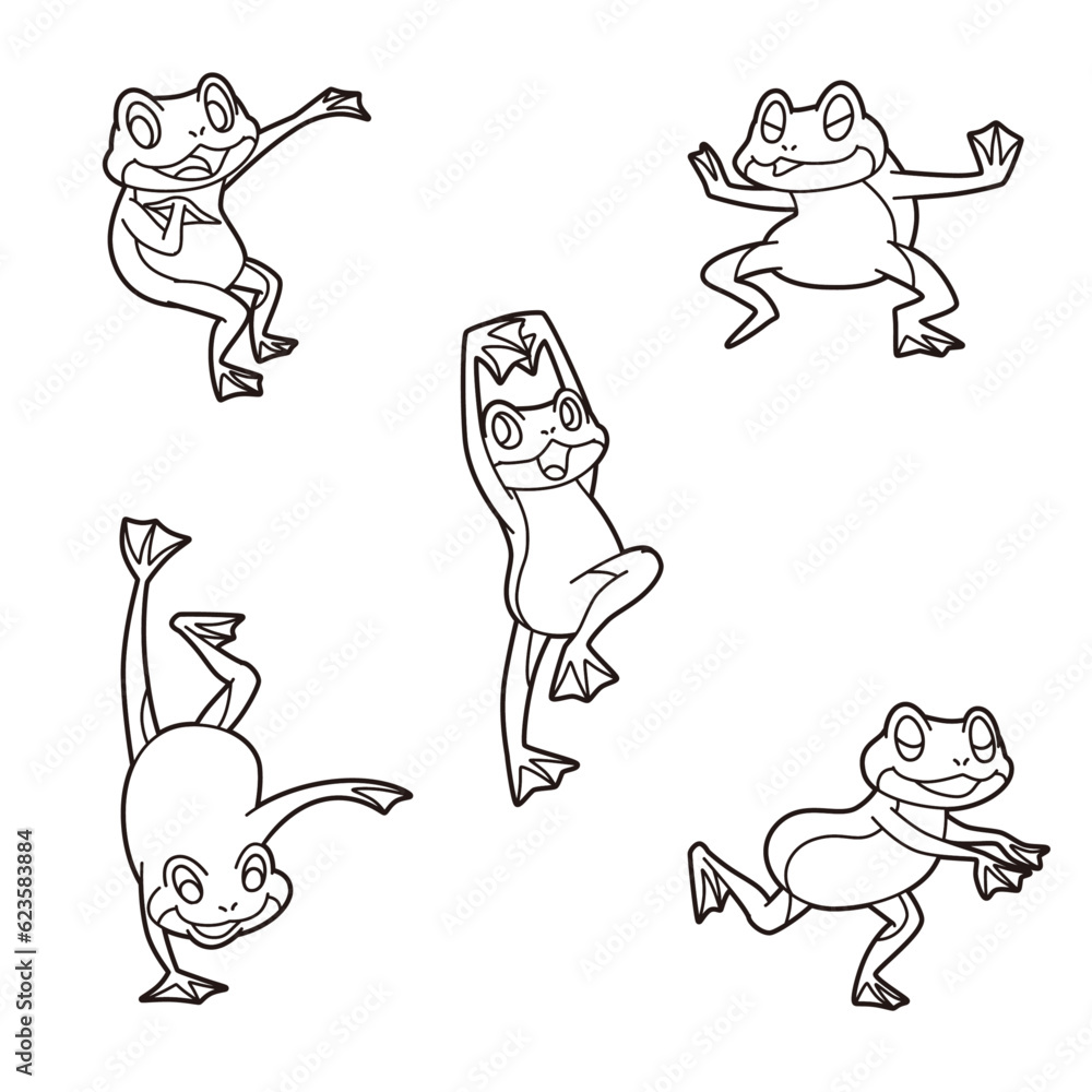Fototapeta premium カエルのイラスト 5匹セット ぬりえ