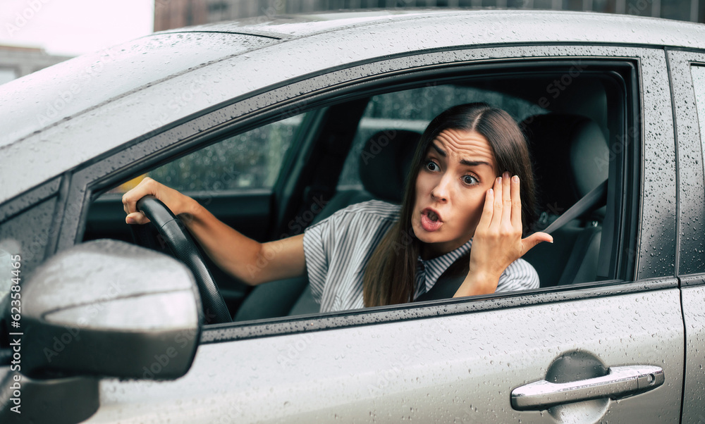 Traffic jam. Aggressive driver. Car accident. Close up portrait ...