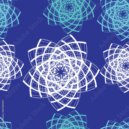 Seamless pattern with bright white stars made of lines blue background