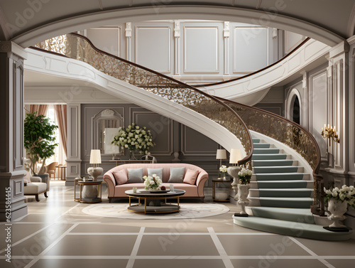 Interior design of a modern entrance hall with a staircase in a villa. Bright colors of finishing materials. Generative AI.