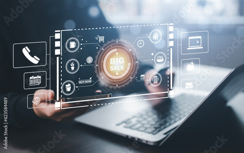 Wallpaper Mural Businessman hold smartphone with online shopping concept, marketplace website with virtual interface of online Shopping cart part of the network, Online shopping business with selecting shopping cart. Torontodigital.ca