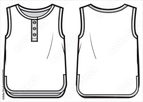 Baby boy sleeveless tank top vest design flat sketch fashion illustration drawing template mock up with front and back view. Toddler baby boy and girl hanley neck vest T shirt top cad drawing