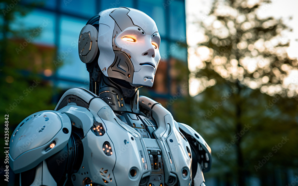 The photo shows a robot that stands on the street and looks at the sky. He looks like a real hero from a fantasy movie. AI generated The photo shows a robot that stands on the street and looks at the sky. He looks like a real hero from a fantasy movie. AI generated