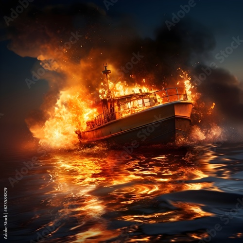 Photorealistic image of a boat on fire in water. Boat, fire, accident, mishap. Created with Generative AI Technology. 