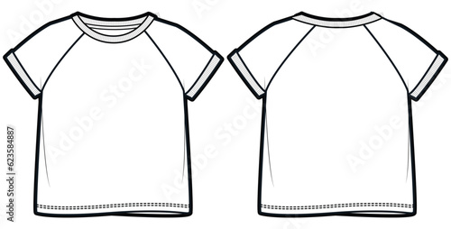 Baby girl and boy raglan sleeve Crew neck T Shirt flat sketch fashion illustration drawing template mock up with front and back view. Toddler baby boy and girl T shirt top cad vector template