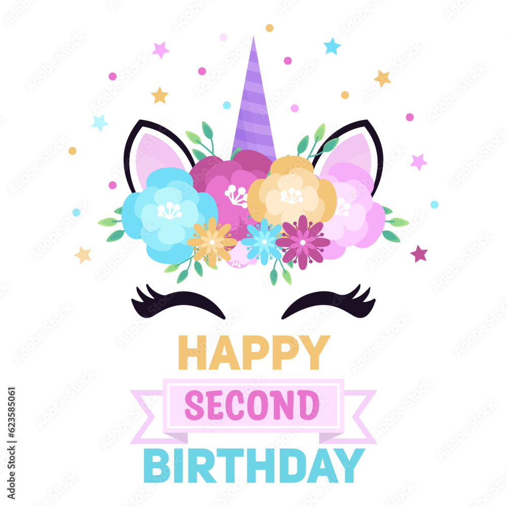 Greeting card with cute flower colorful unicorn. Second birthday. 2 years celebration. Birthday template. Vector illustration in a flat style.