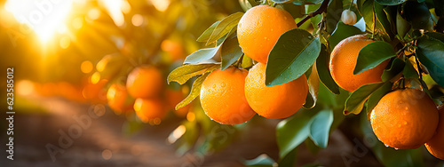 A branch with natural oranges on a blurred background of an orange orchard at golden hour. The concept of organic, local, seasonal fruits and harvest 