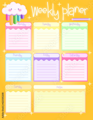 School timetable with rainbow, flowers, empty to do list, weekly planer for kid's education, vector reminder ready for print 