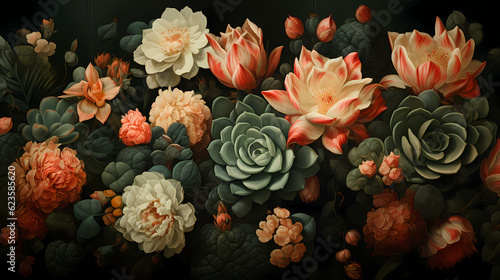 Succulents and flowers on a dark background