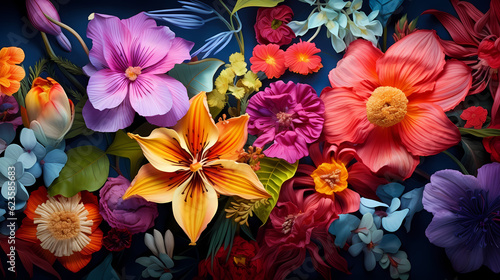 Brightly colored tropical flowers on a dark background