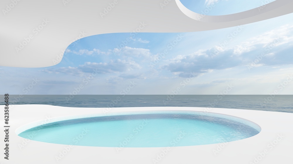 Futuristic minimalist architecture curved building and beautiful seascape view 3d render