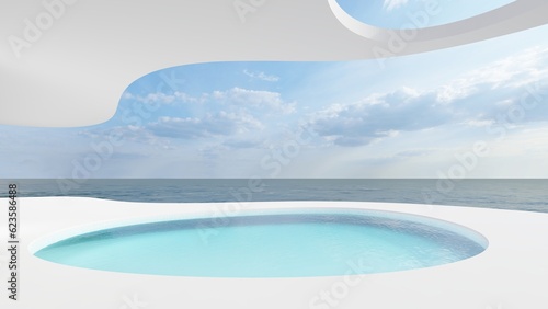 Futuristic minimalist architecture curved building and beautiful seascape view 3d render © Annuitti