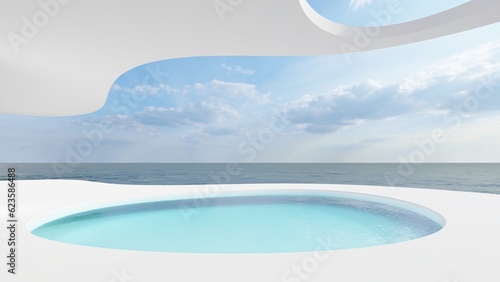 Futuristic minimalist architecture curved building and beautiful seascape view 3d render