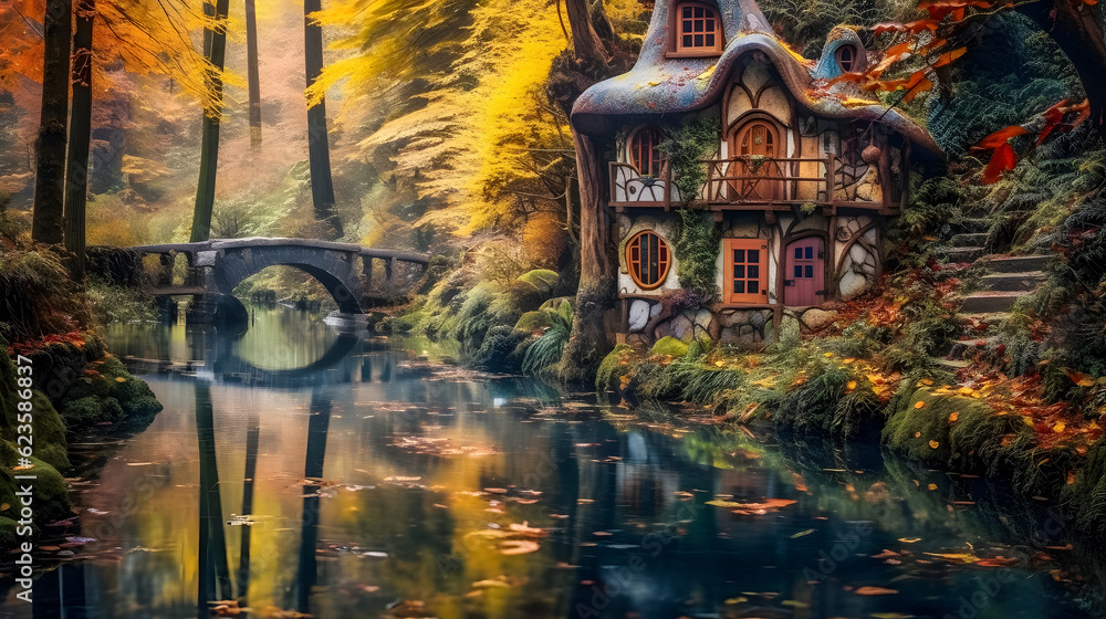 Autumn Serenity: Colorful Hippie House Reflecting in River Amidst Forest - generative ai