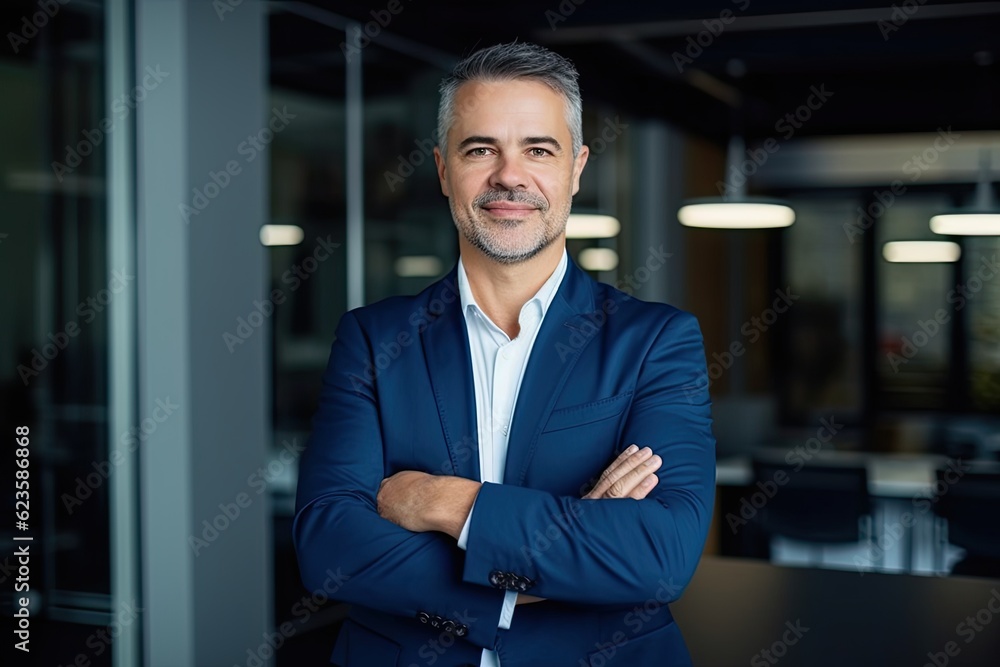Obraz premium Happy middle aged business man ceo standing in office arms crossed. Smiling mature confident professional executive manager, proud lawyer, businessman leader wearing blue suit