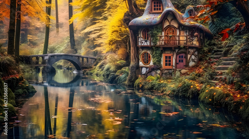Autumn Serenity  Colorful Hippie House Reflecting in River Amidst Forest - generative ai