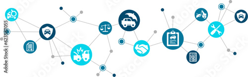 Car insurance vector illustration. Blue concept with icons on automobile / vehicle protection, auto traffic insurance, liability in an accident, automotive insurance policy, car lease agreement.