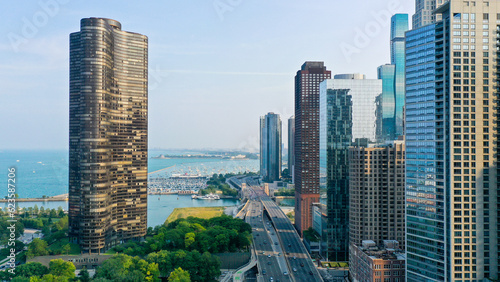 Aerial view of Chicago lakefront and city skyline