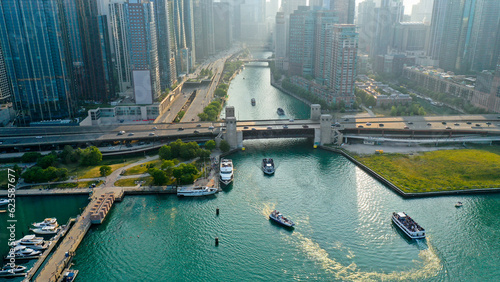 Aerial view of Chicago lakefront and city skyline photo