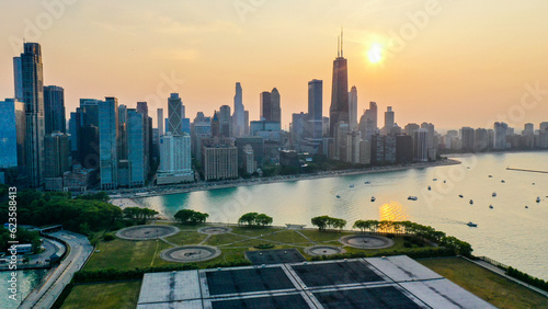 Aerial view of Chicago lakefront and city skyline