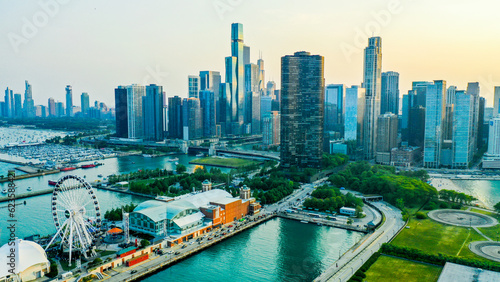 Aerial view of Chicago lakefront and city skyline