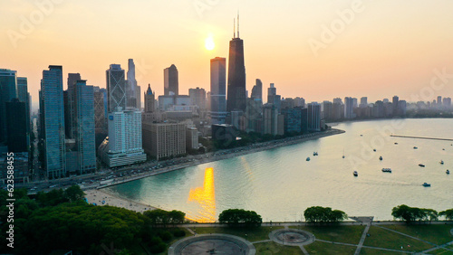Aerial view of Chicago lakefront and city skyline