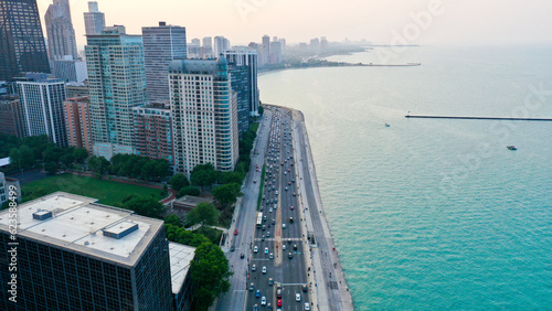 Aerial view of Chicago lakefront and city skyline