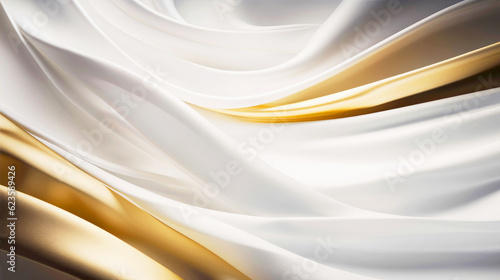 Abstract white and gold silk fabric texture background. Elegant luxury satin cloth with wave. Prestigious, award, luxurious background. Generative AI.