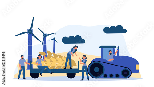 Vector illustration harvest wheat ears agriculture farmer. Man with tractor and windmill crop work background. Nature food plant garden organic. Rural eco poster gather agronomy concept