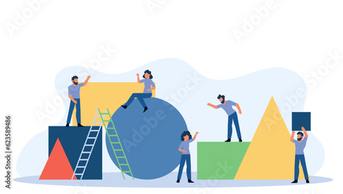 Organization partnership character create geometric puzzle man and woman. Business person vector illustration concept background. Teamwork building piece jigsaw shape. Connect basic block figure