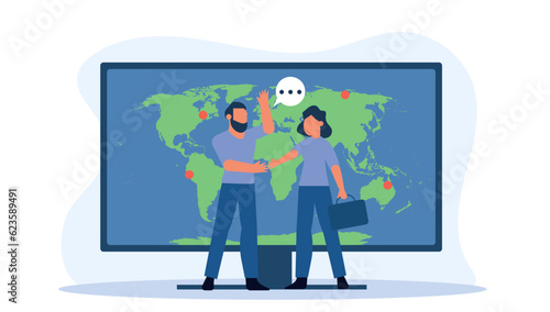 Business trust vector illustration with man and woman. Internet computer partnership businessman teamwork deal. Success partner agreement contract. Handshake cooperation job background. Investor agree
