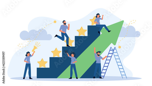 Man and woman vector business reward satisfaction employee. Feedback graphic illustration leader competition. Steps stars feedback work concept. Job motivation company evaluation good quality rating