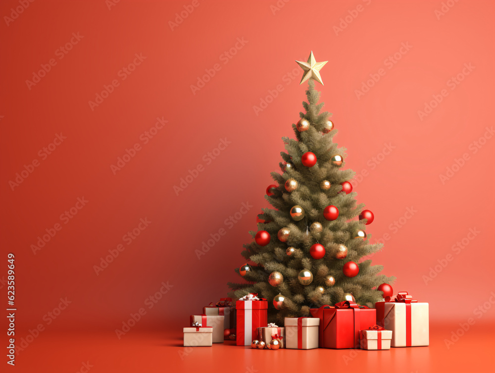 Christmas tree decorated with several red and gold balls with beautifully wrapped presents underneath. Christmas tree decorated with several red and gold balls with beautifully wrapped presents underneath.