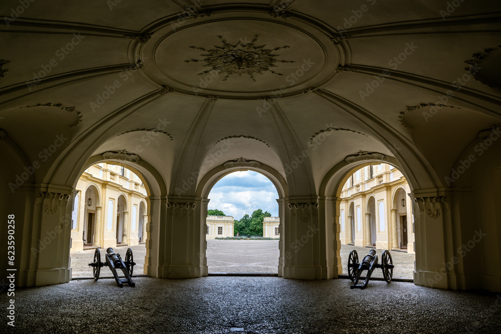 Fototapeta premium Archway with cannons and courtyard at Slavkov Castle (Austerlitz), Czech Republic.